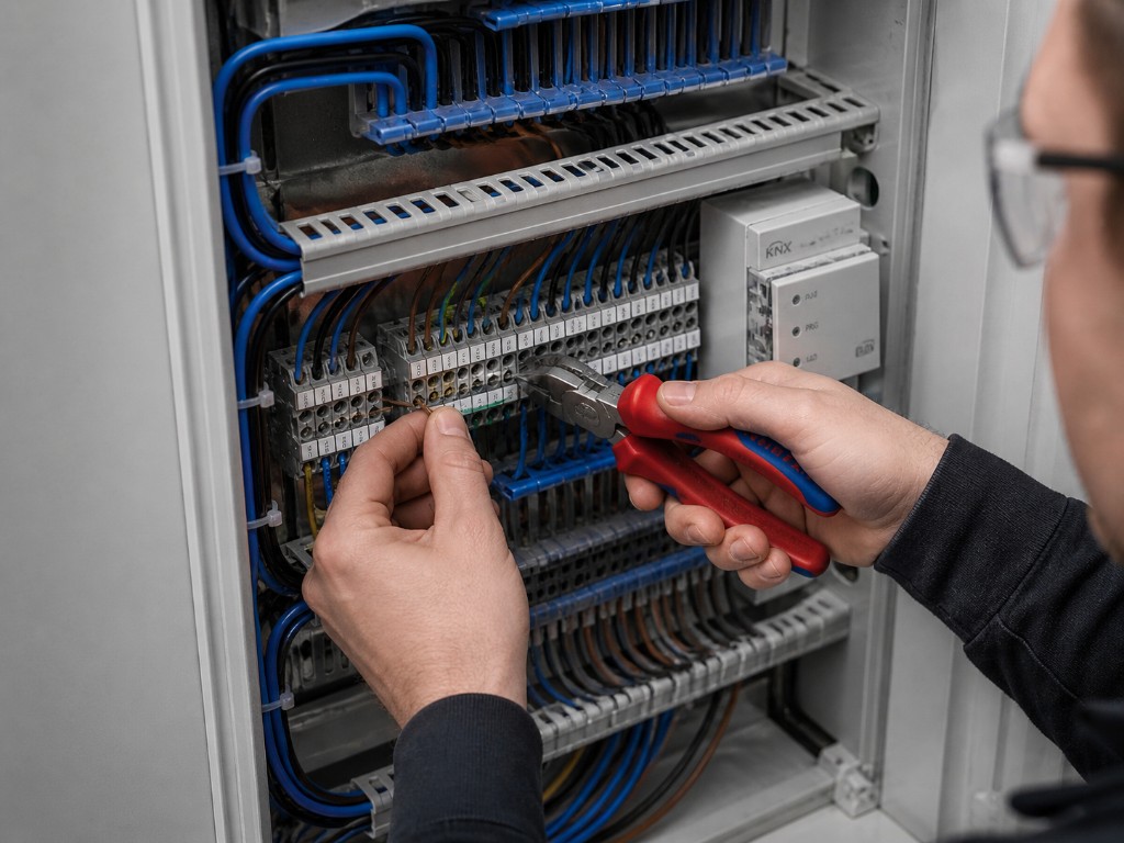 Elektriker arbeitet mit Seitenschneider an eng verdrahteten Klemmreihen im Schaltschrank, sichtbar Bus-System KNX und strukturierte Leitungsführung im Kabelkanal