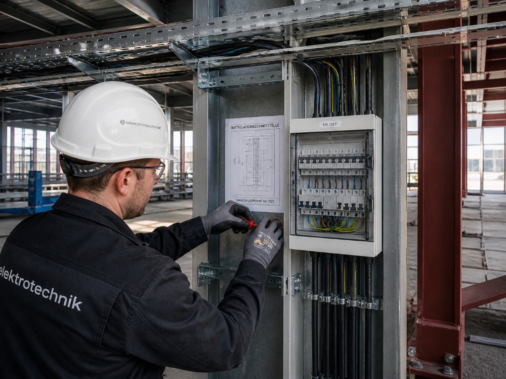 Elektriker mit Schutzhelm an Installationsplan und Unterverteilerschrank UV OST am Stahltragwerk, Kabeltrasse und strukturierte Hauptzuleitungen in der Industriehalle