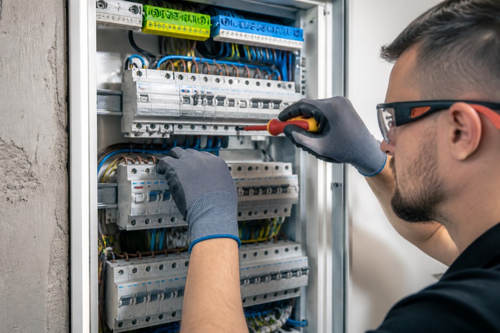 Professioneller Elektriker bei der präzisen Arbeit an einem modernen Sicherungskasten mit Schutzausrüstung