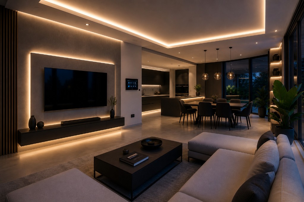 Offener Wohn- und Essbereich mit indirektem LED-Deckenlicht, Fernseh-Akzentlicht und kombinierten Spots