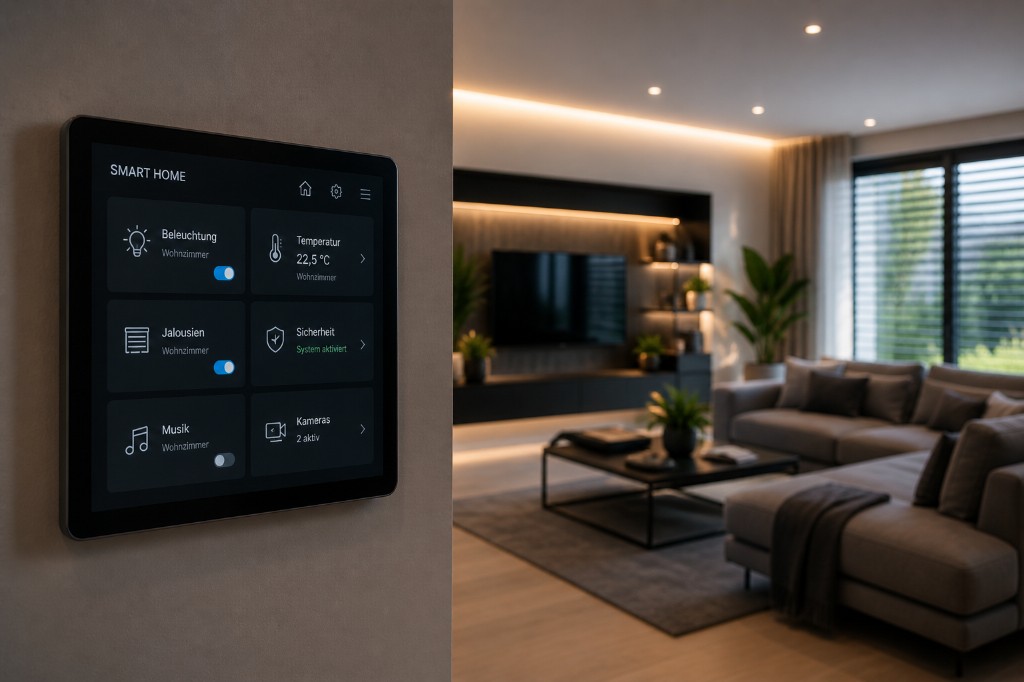 Wandmontiertes Smart-Home-Touchpanel mit deutscher Bedienoberfläche im modernen Wohnzimmer