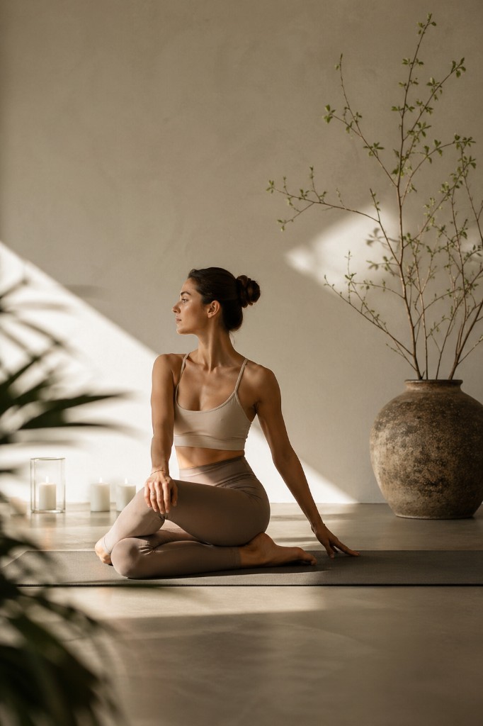 Frau in ruhiger Yoga-Haltung in warmem, minimalistischem Studio